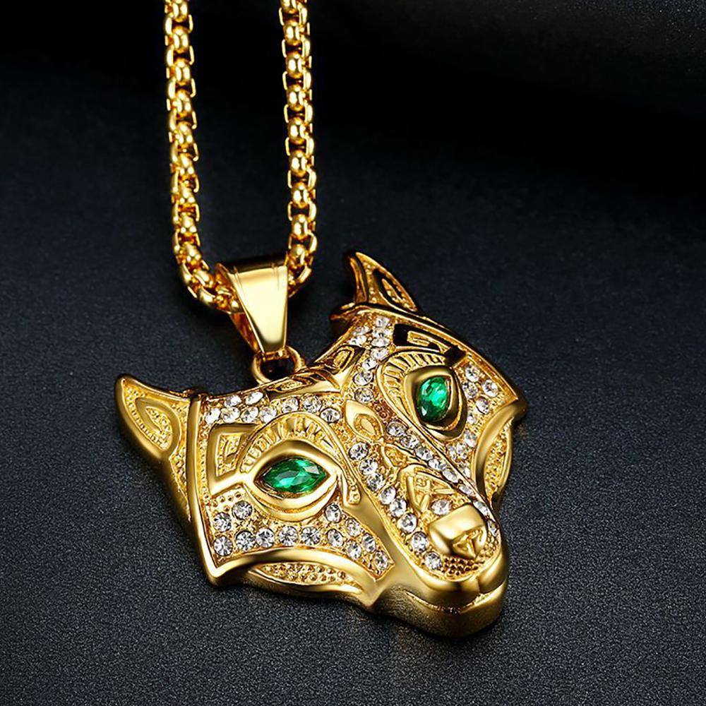 Hip Hop Iced Out Viking Wolf Head Pendant Male Gold Color Stainless Steel Animal Necklace For Men Norse Talisman Jewelry