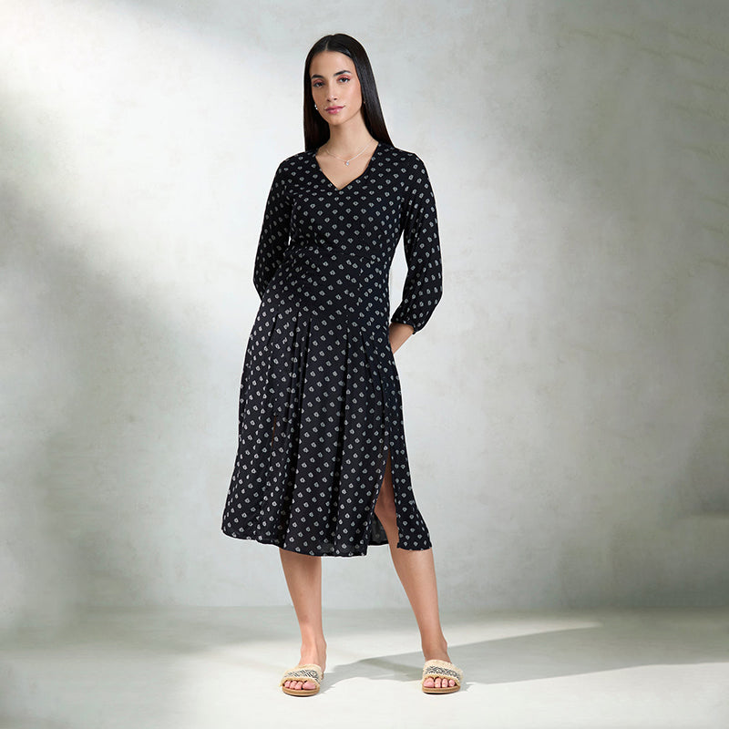 Virgio Damen Midilanges Blousonärmel Regular Fit V-Ausschnitt Kleid