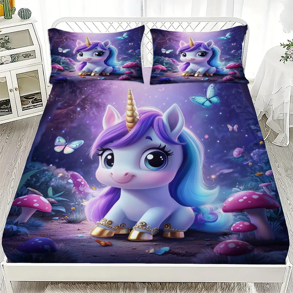 Unicorn Pattern 3D Fitted Sheets Set Cute Kids Bedding with 1/2 Pillowcases Boys Girls Bedroom Decor