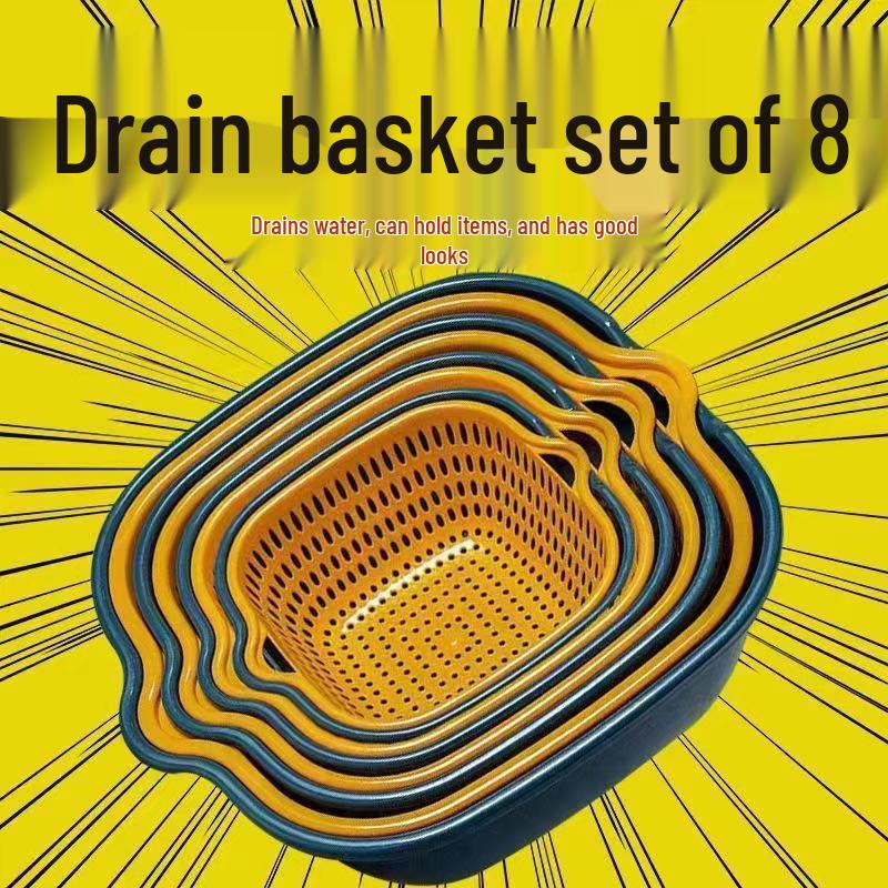 Eight-Piece Plastic Kitchen Draining Basket Set - Double-Layer Multifunctional for Fruits and Vegetables