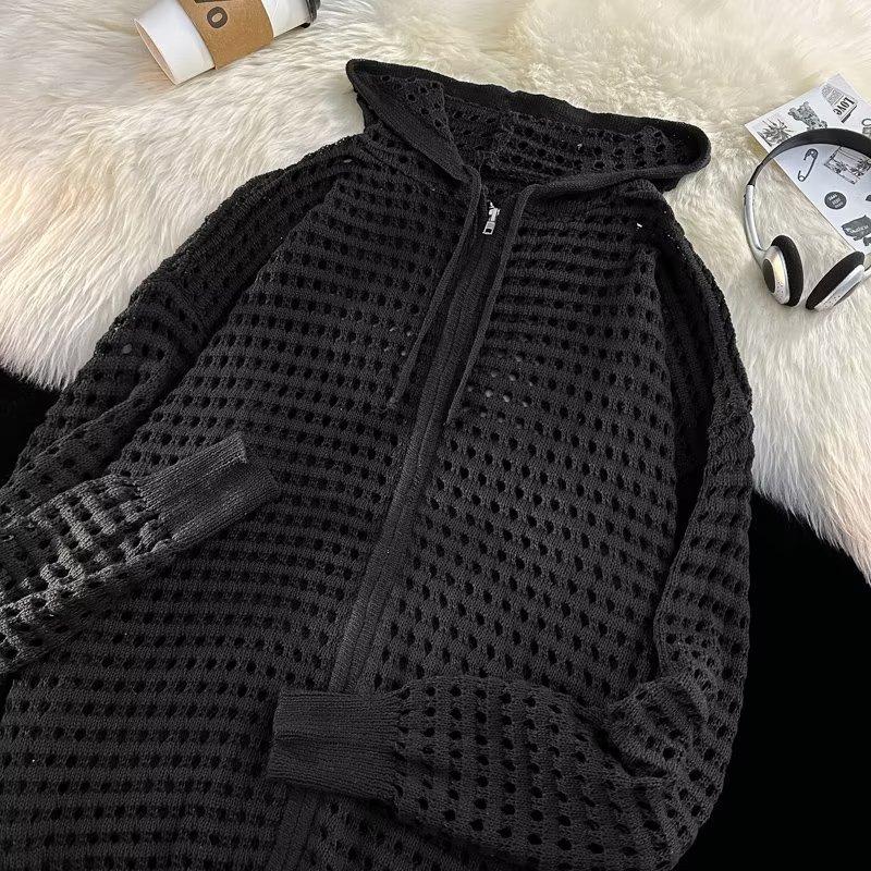 Hollow knitted sweater design sense hooded loose outer with thin jacket Korean version spring and summer zipper cardigan top men