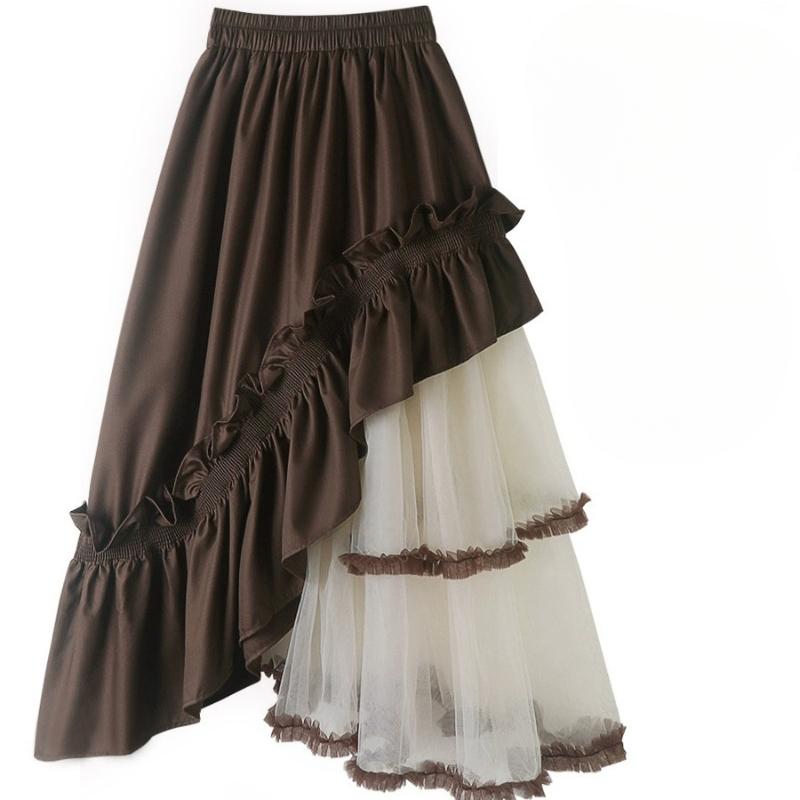 Modieuze rok voor dames met hoge taille, A-lijn, Koreaanse rok, Saia De Moda, patchwork, gaas, onregelmatige ruches, schattige rokken