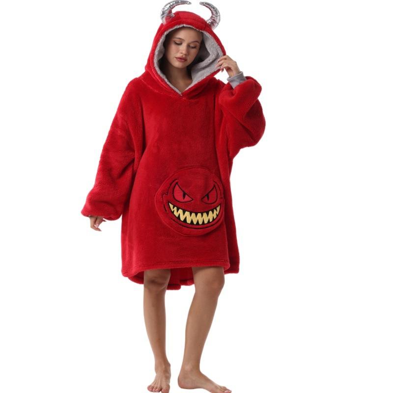 Women's Wearable Blanket Hooded Robe Oversized Winter Warm Flannel Sweatshirt Blanket Men's Hoodie Thick Fleece Blanket with Sleeves and Pocket