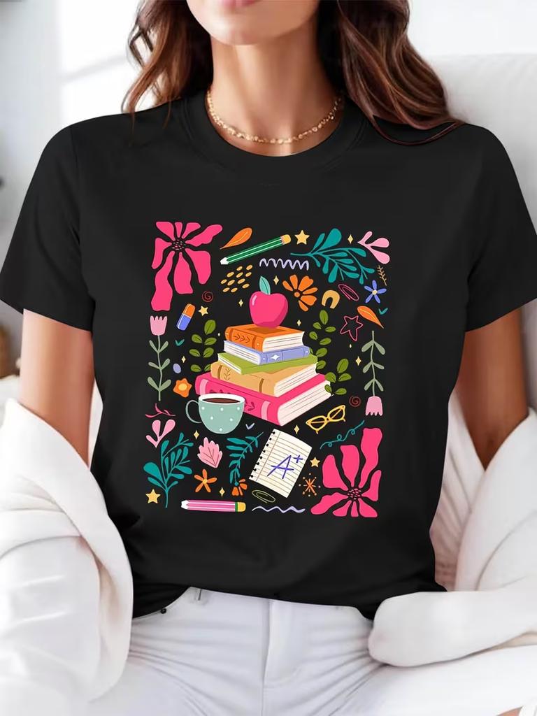 Unisexs Cute Stacked Teacher Books Graphic Tee Colorful Floral School Supplies Print Crew Neck Short Sleeve Casual TShirt