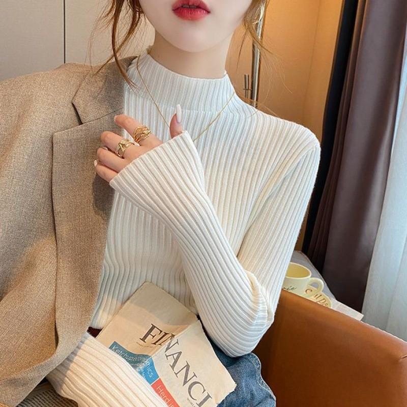 Womens Knit Sweater With Stand Collar And Spliced Design For Elegant Office Wear