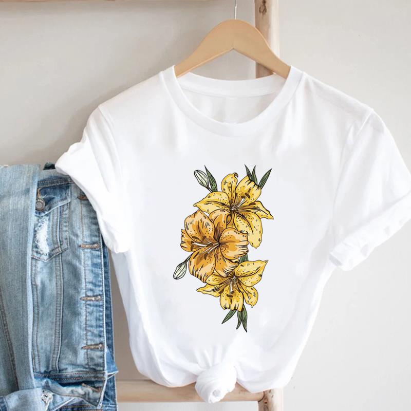 (European Size)  90s Print Tee Women Peace Flower Trend Cute Top Clothing Fashion T-shirt Lady Female Casual Short Sleeve Graphic T-shirt