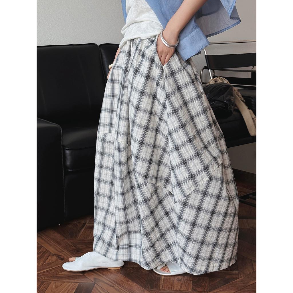 Johnature Summer Japanese Casual Plaid Skirt Three-dimensional Silhouette Fluffy Long Skirts Women