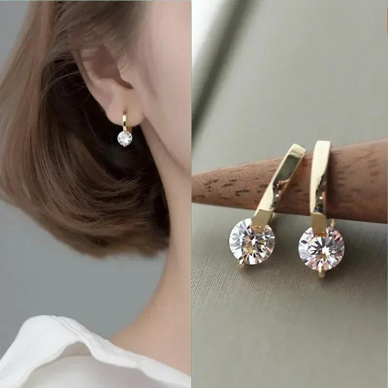 New Temperament Gold Color Water Drop Zircon Dangle Earrings for Women Charm Stainless Steel Korean Hoop Jewelry Accessories