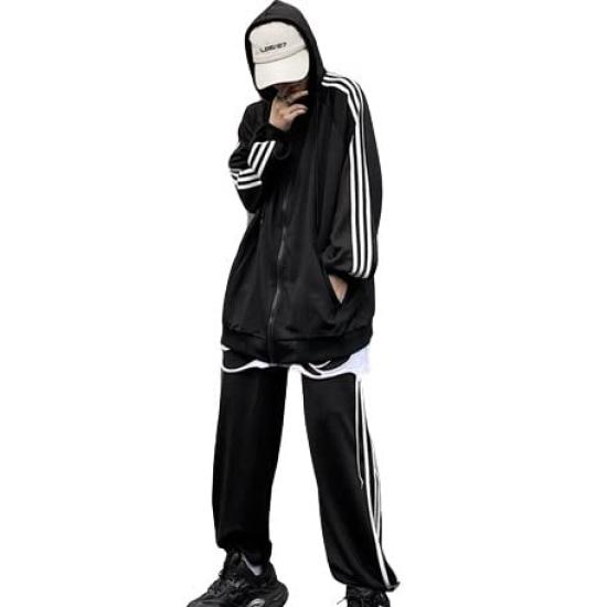 

RomelCheo Полосатый трикотажный длинный верх и низ с капюшоном свободного кроя с боковыми полосками Стильный и уличный Харадзюку Синяя надпись Повседневный черный комплект, Рукав, Комплект, Трикотаж, чёрный