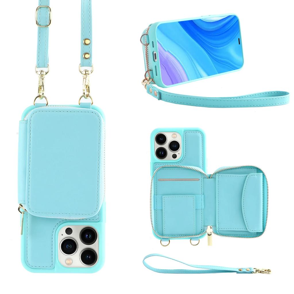 Crossbody Long Strap Leather Phone Case For iPhone 15 Pro Max 14 Plus 13 12 11 Pro Zipper Wallet Card Bag Cover with Lanyard