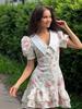 French V-neck Puff Sleeve Summer Dress with Waist-Tightening Print and Ruffle Details for 2025