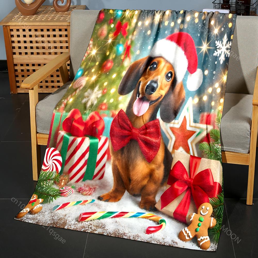 Multi-size Christmas-themed Dachshund Pattern Blanket Flannel Material Soft Warm for All Seasons Home Outdoor Camping Picnics RV