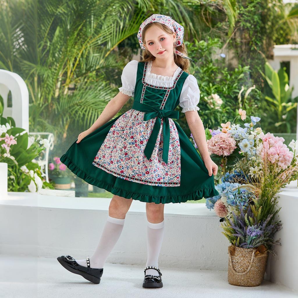 Girls Traditional Dress Oktoberfest Costume Country Style Apron Dress with Headscarf and Puff Sleeve Shirt for Kids
