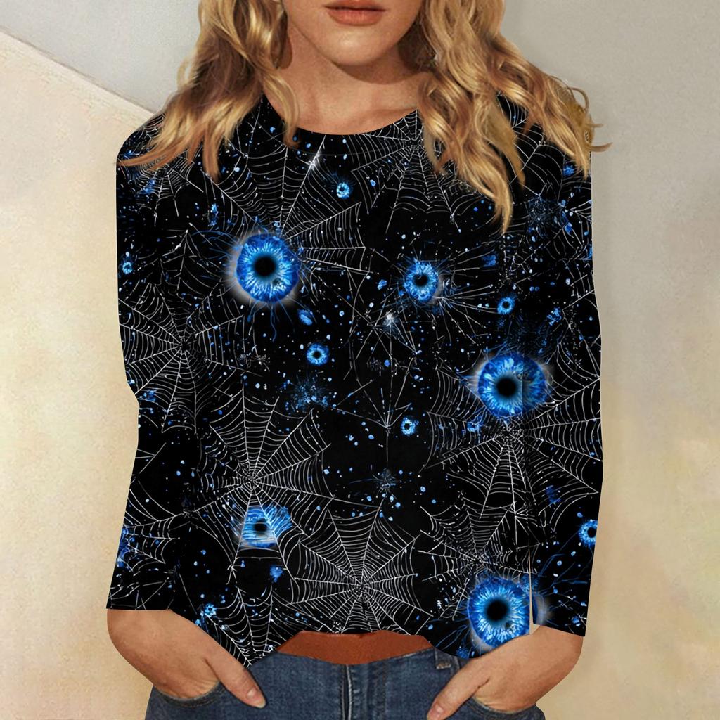 Women's long-sleeved loose-necked Halloween print casual top, suitable for holiday parties