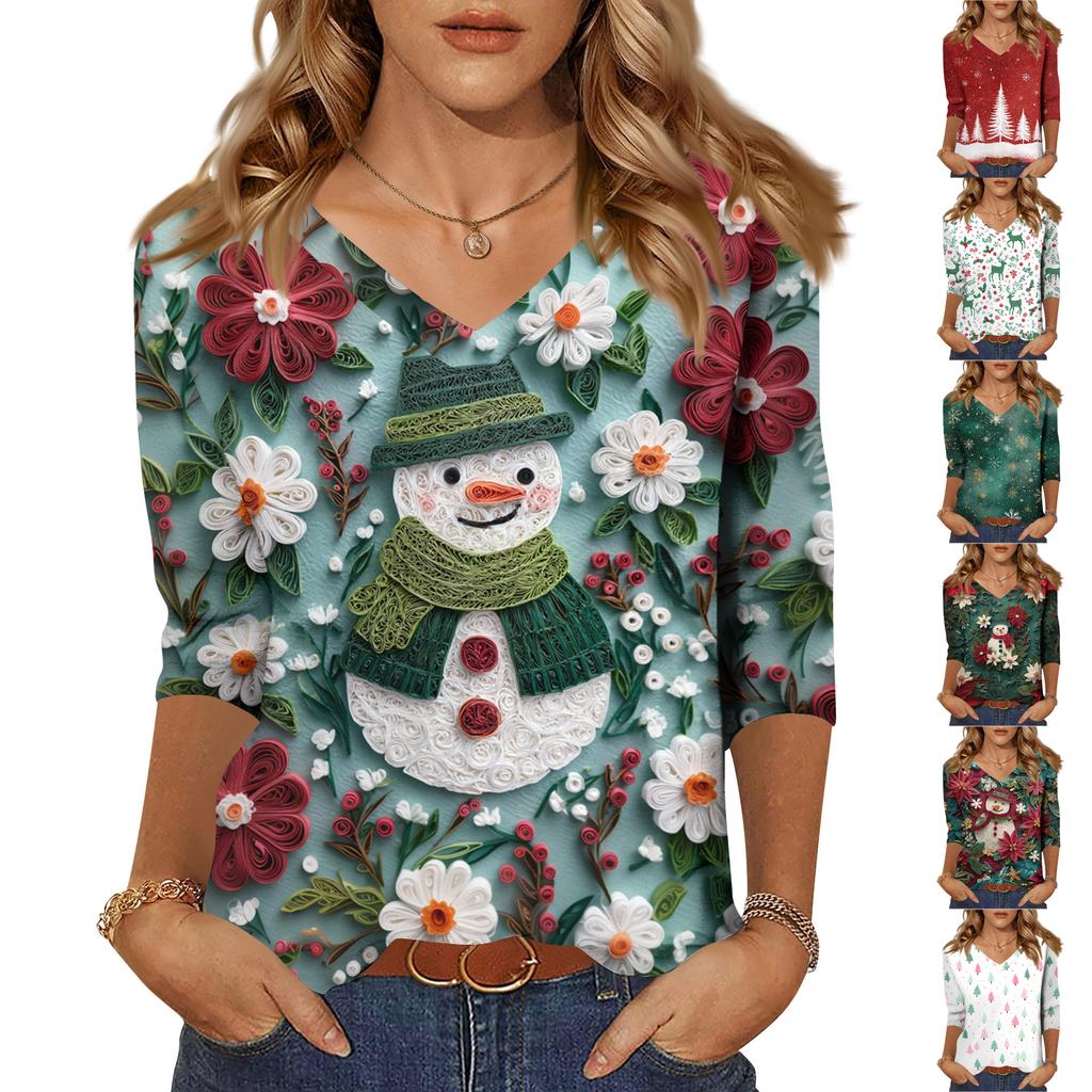 Women's Tops Three-quarter Sleeve Shirt V-neck Loose Casual Shirt Print T-shirt