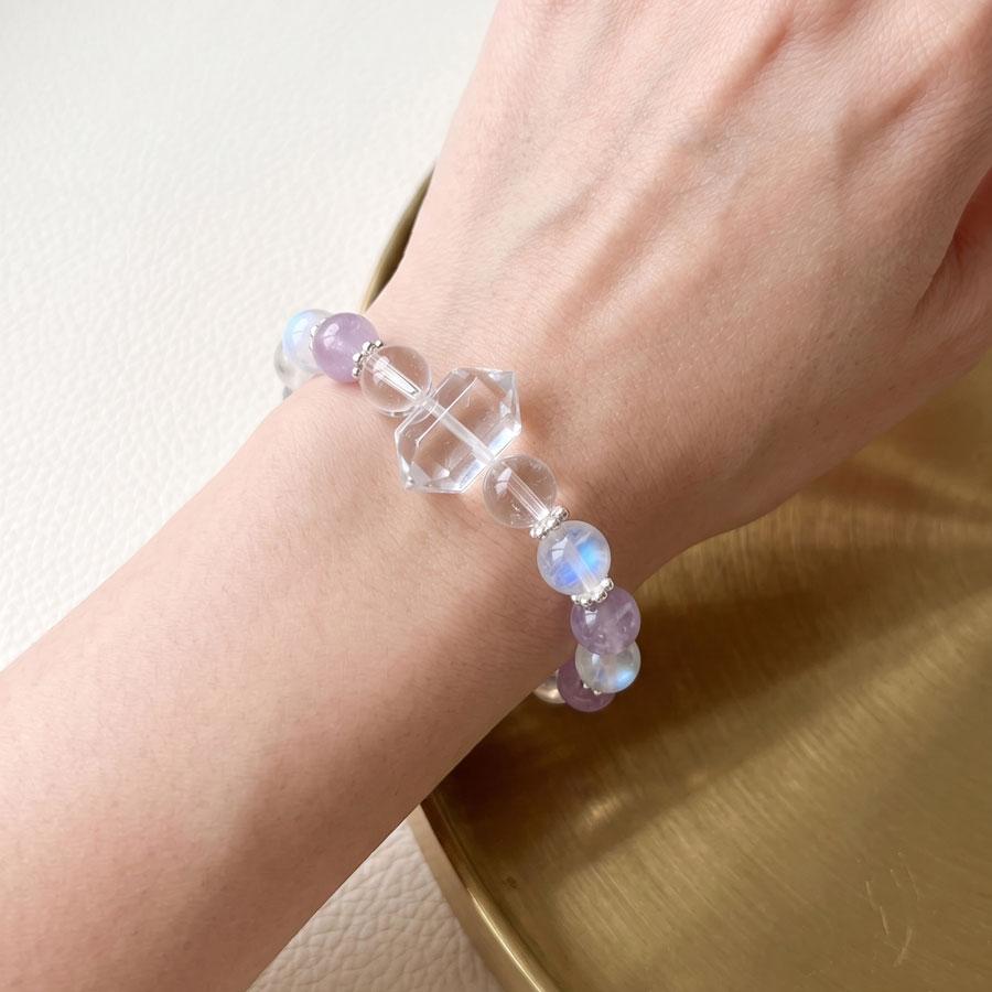 Natural Blue Sheen Moonstone & Lavender Amethyst Bracelet, Double Pointed Clear Quartz Crystal, Mindful Clean Girl Aesthetic Jewelry