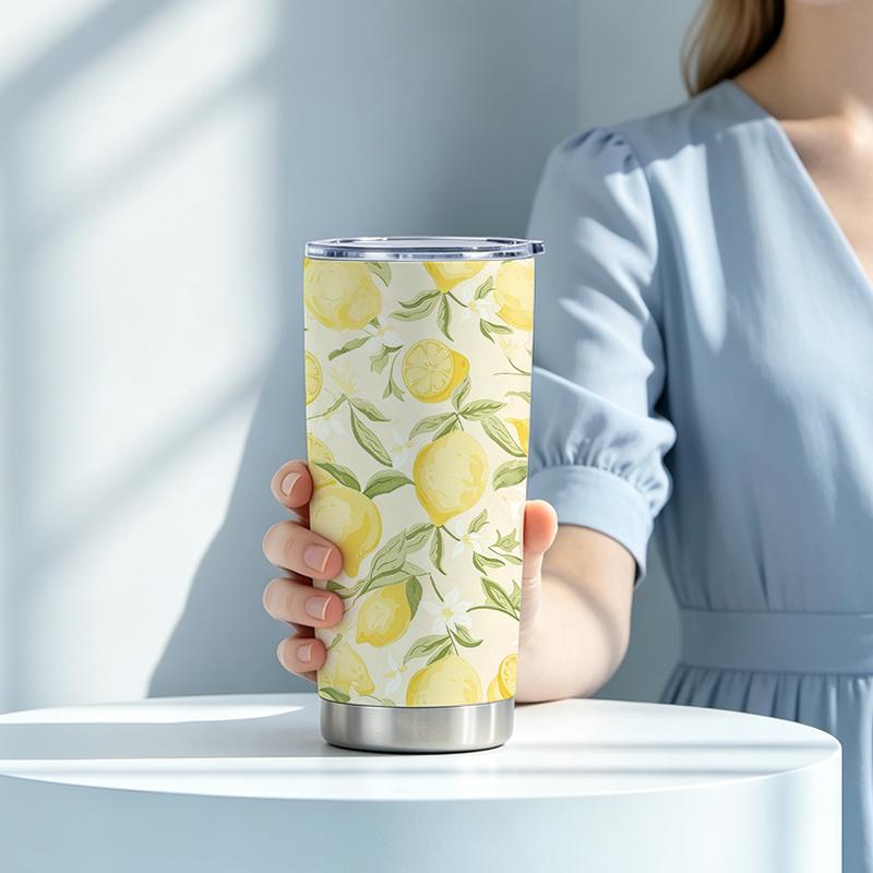 591ml Car Tumbler(1 Random Straw Included)Lemon Flower MotifCar Cup Straight Travel Mug Steel Straw Cup 591ml Car Tumbler