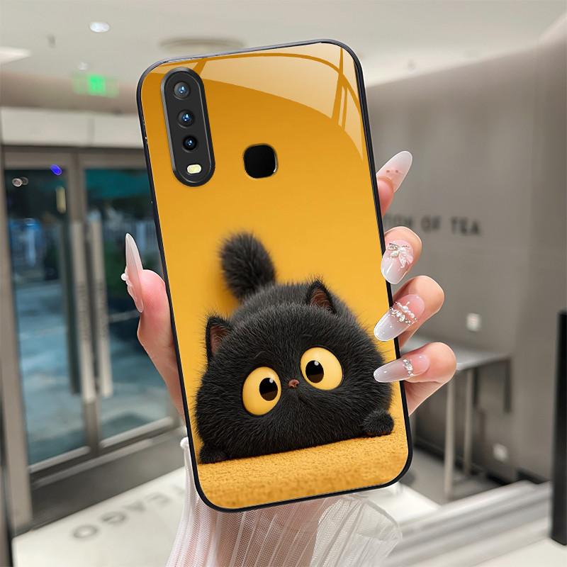 Beautiful Flower Cute Cats Case For Vivo Y11 2019 1906 Y12 Y17 Y15 Y19 Tempered Glass Phone Case Protective Cover Hard Shell