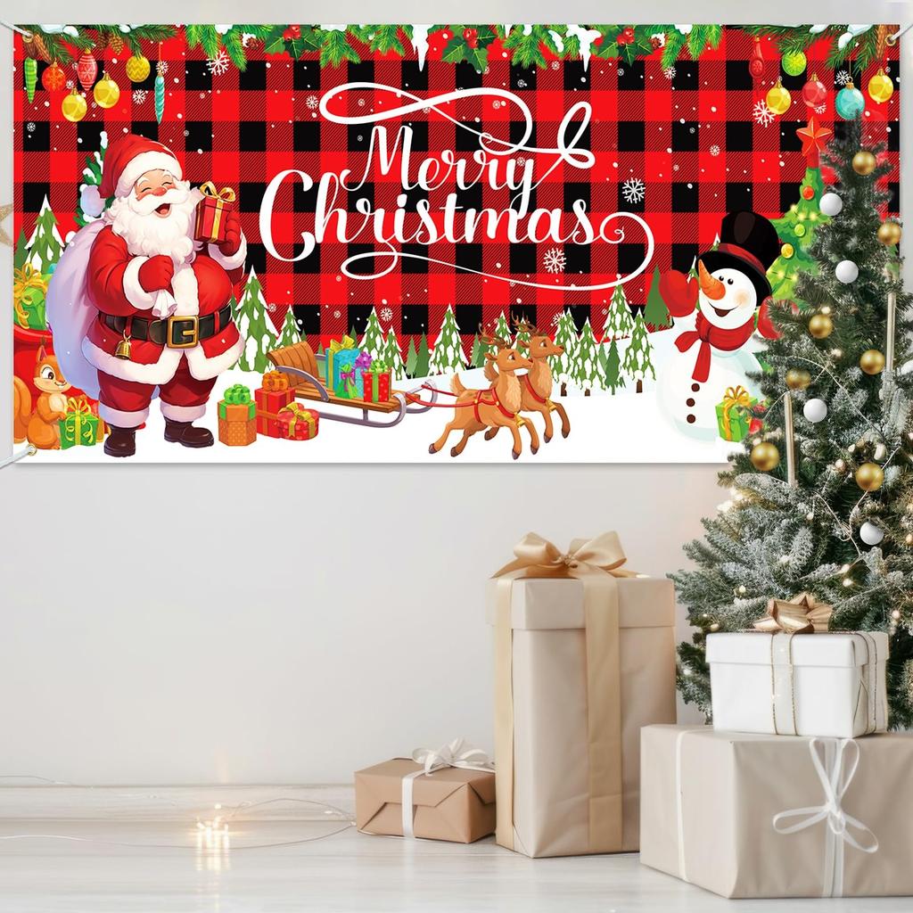Christmas Garage Door Banner 16 ft x 7 ft, White with multicolored characters
