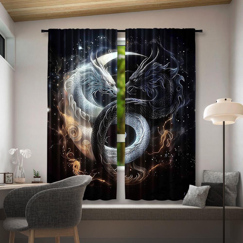 2pcs Yin-Yang Dragon Tai Chi Design Curtains - Celestial Motifs   Rod Pocket   Semi-Transparent Polyester   Ideal for Living Room
