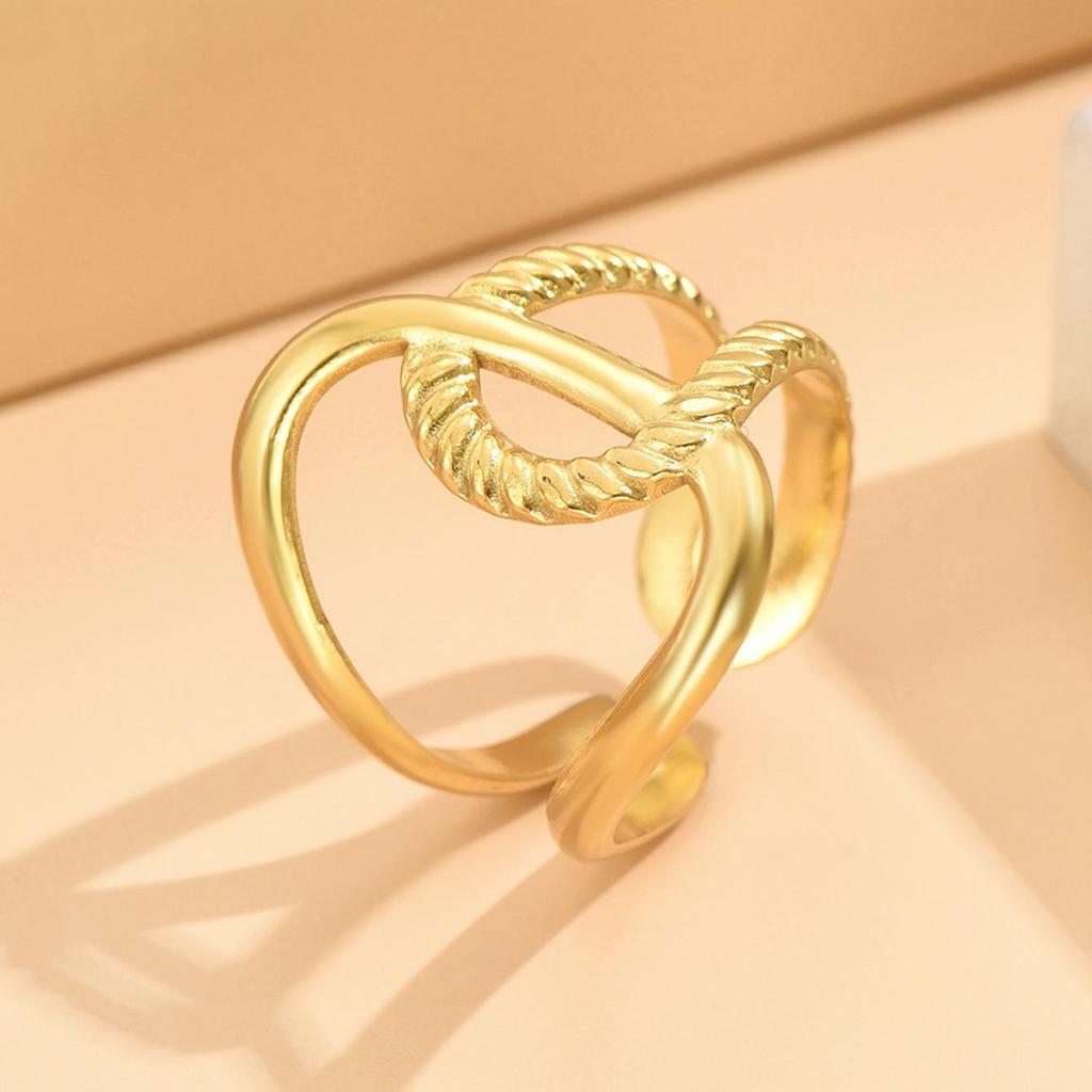 European Geometric Stainless Steel Open Ring: Gold-Plated Intersecting Design for Women