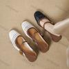 Women's Chunky Heels Summer Vintage Square Toe Weave Hollow Breathable Mary Jane Shoes Fashion Buckle Strap Comfortable Sandals