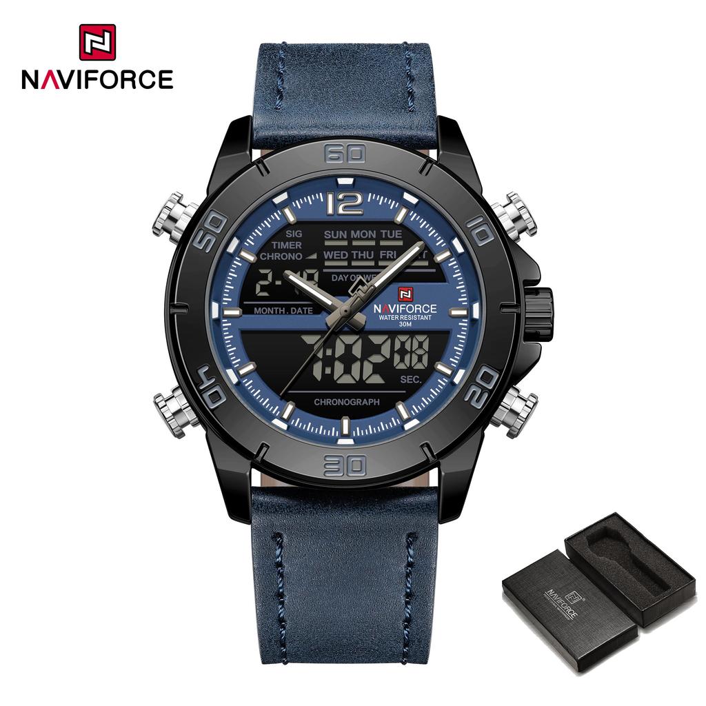 Naviforce Men's Leather Chronograph Quartz Watch Calendar Date 3ATM Waterproof Night Pattern Luminous Pointer Multifunctional Men's Watch NF9253L