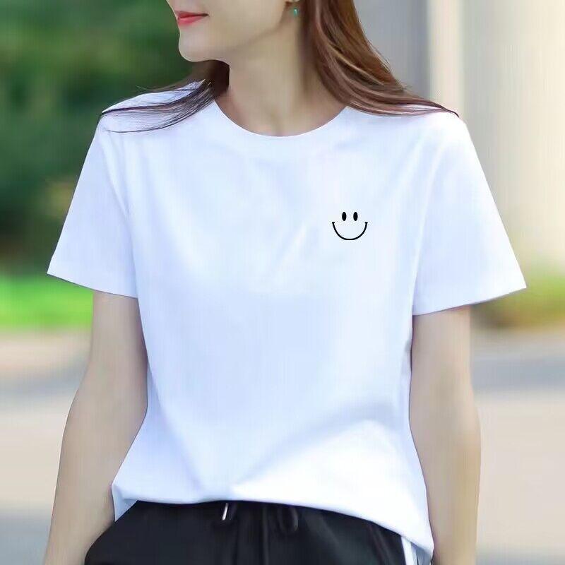 White Short Sleeve Round Neck T-shirt Loose Slimming and Fashionable Half Sleeve Top