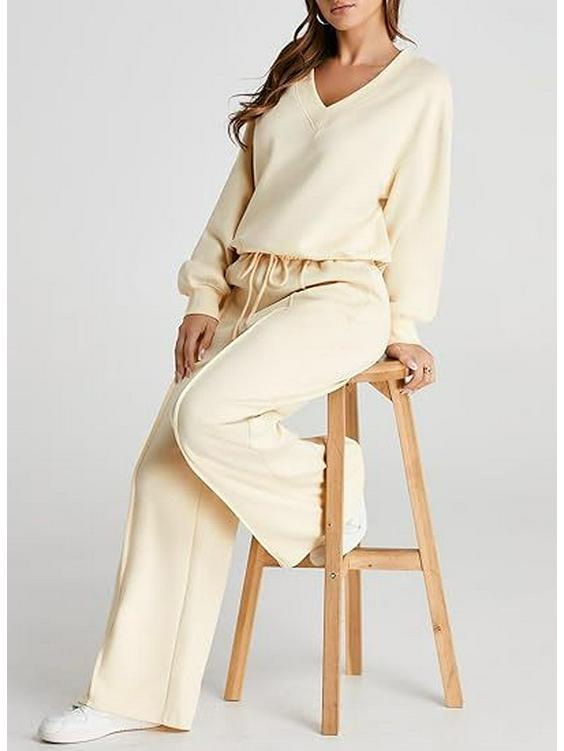 Conjunto Casual de Sudadera de Color Sólido con Cuello en V y Pantalones Largos para Mujer Otoño/Invierno 2025 - Moda Europea/Americana