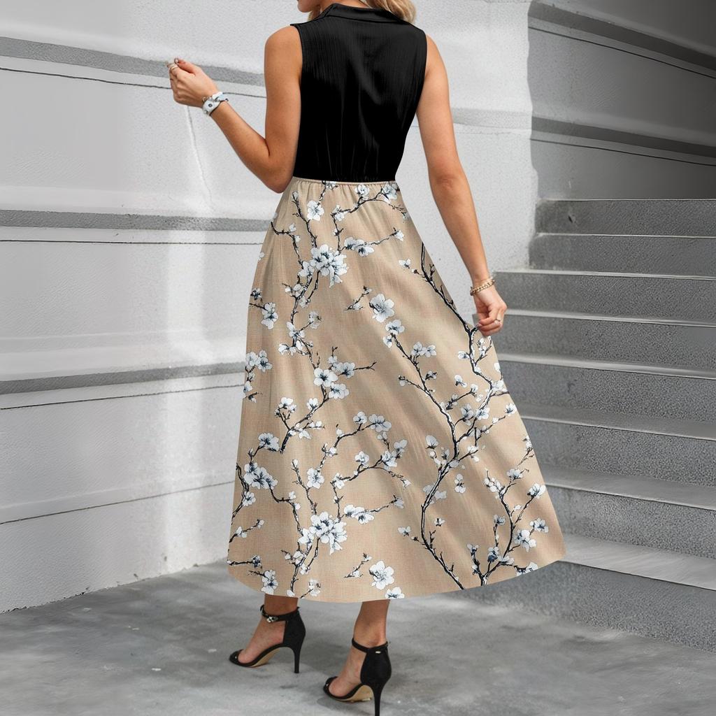 Women's Casual And Fashionable V-neck  Sleeveless Printing Mid Length Dress
