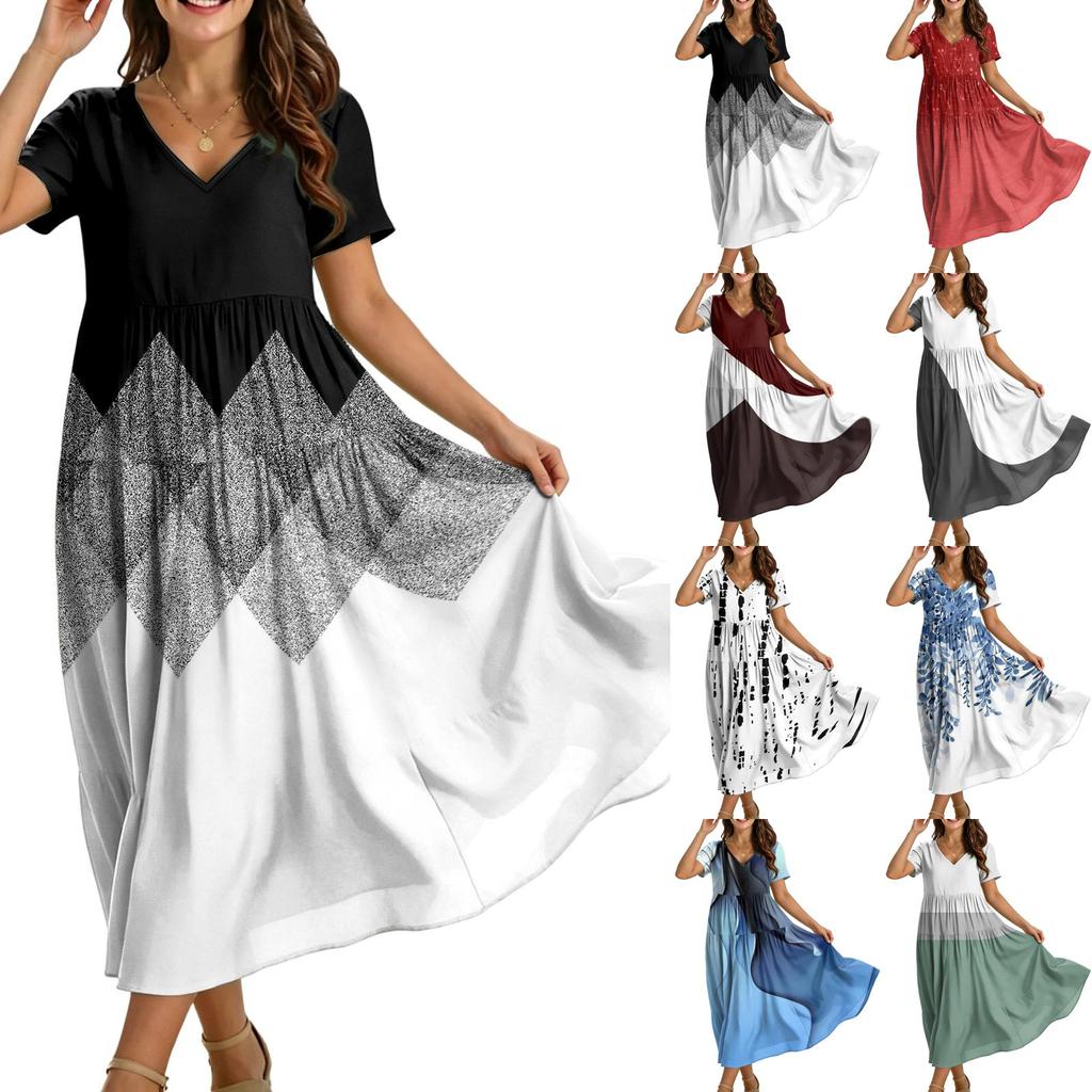 Women's Casual Loose Fit Bohemian Style Gradient Print Short Sleeve V Neck Midi Dress with Elastic Waist and Flowing Skirt for Everyday Wear