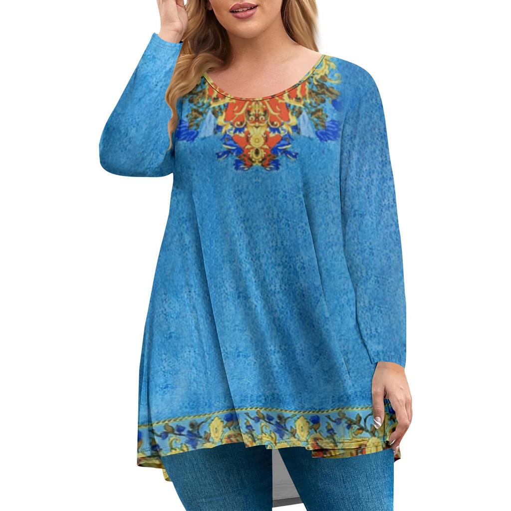 Women's Plus Size Top, Garden Collar Long Sleeved Shirt, Fashionable Floral Print Casual Top