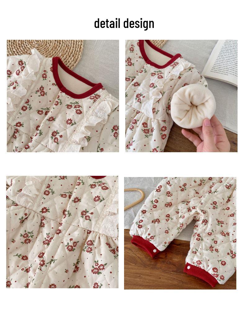 Korean Style Winter Fleece Romper for Baby Girls - Floral Lace Trim Outing Suit
