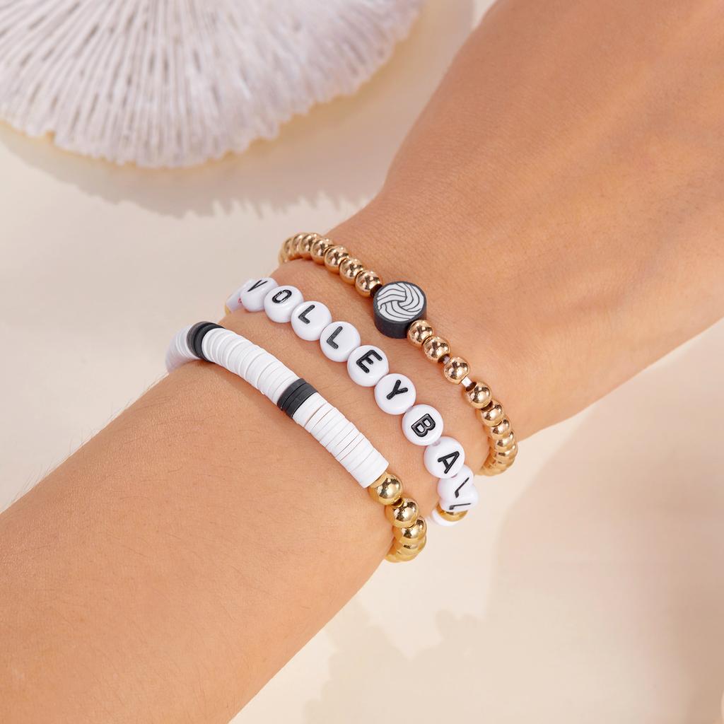 3 Pcs Football Basketball Baseball Volleyball Bracelet Soft Clay Pottery Gold Color Beads Bangle Unisex Student Sports Jewelry