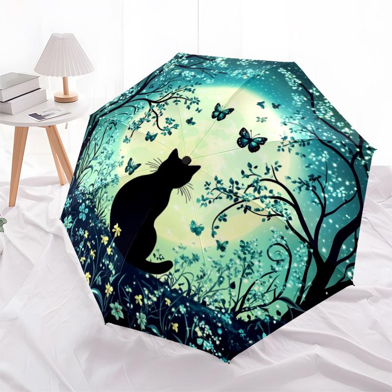 

0106 Black Cat with Moon & Butterfly pattern, automatic folding umbrella, portable and foldable design, 8 ribs, a Christmas or birthday gift.