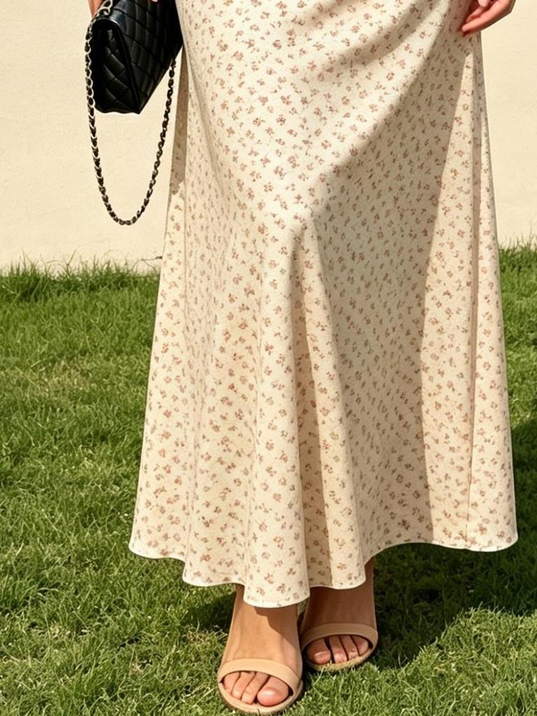 Summer Women's Beige Ditsy Floral Print V Neck Flutter Sleeve A-Line Maxi Dress Casual Dress