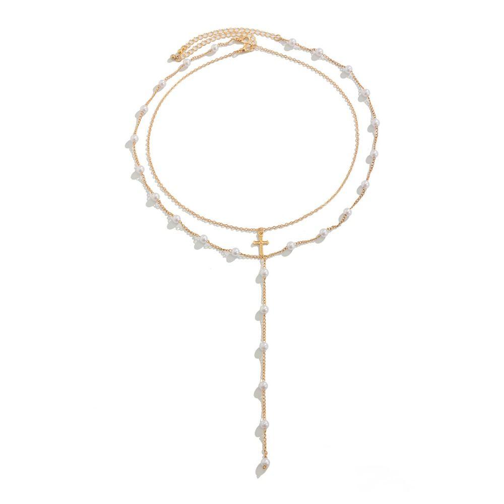 Long Tassel Imitation Pearl Necklace Flower Clavicle Chain Sweet Cross Pendant Necklace  Dating