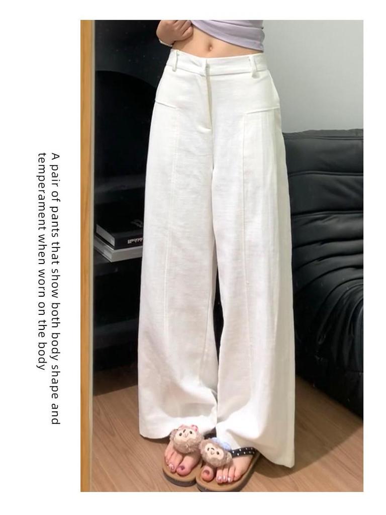 Women's High-Waisted Dark Blue Cotton Linen Wide-Leg Pants