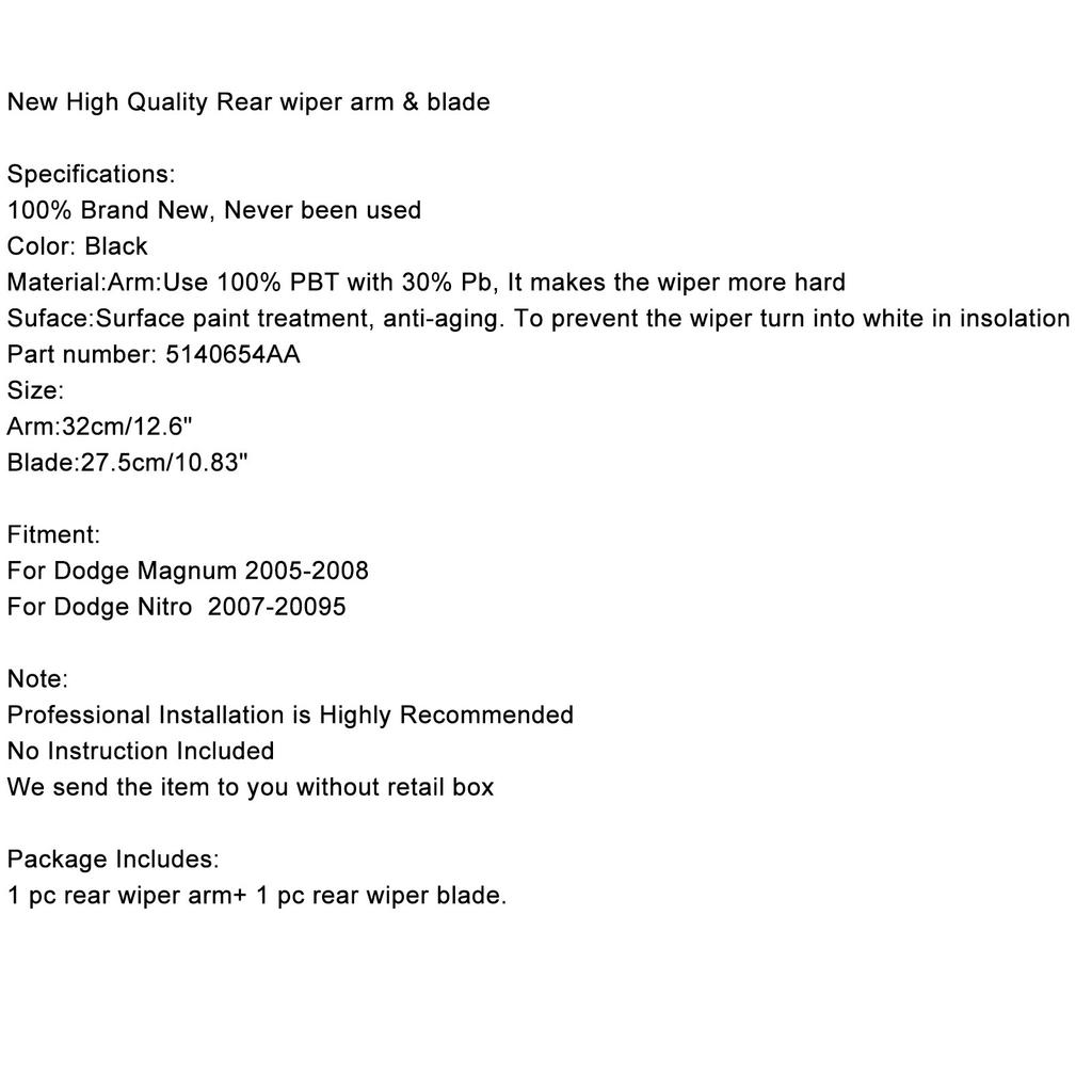Artudatech Rear Window Wiper Arm & Blade for Dodge Magnum 2005 2006 2007 2008 Dodge Nitro