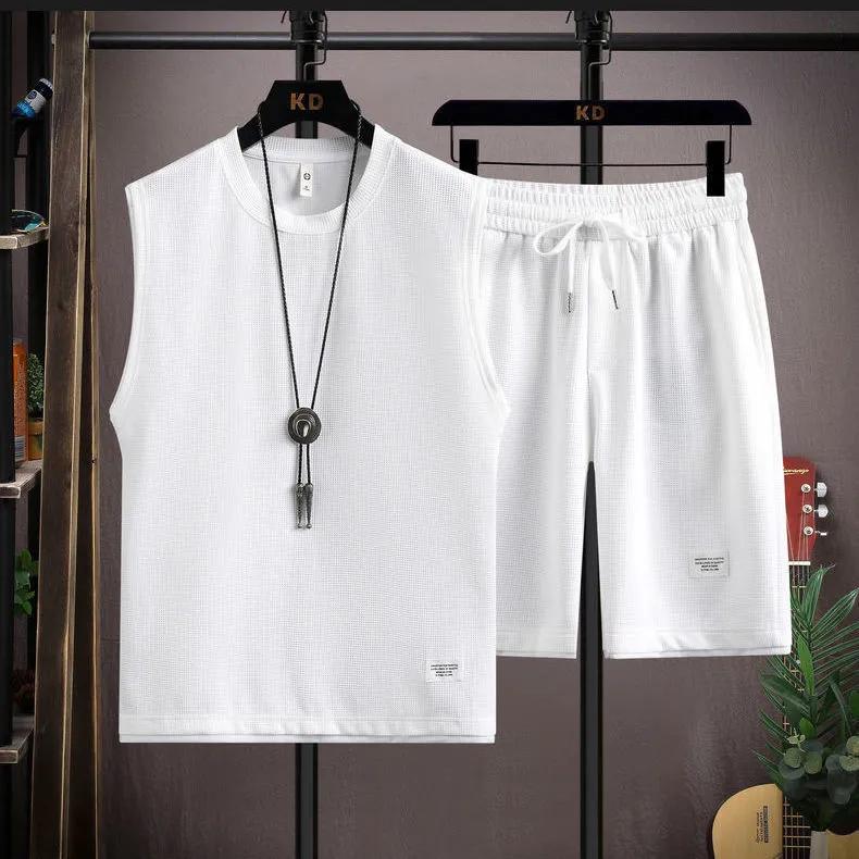 Men's Summer Loose Casual Sports Suit Sleeveless T-shirt + Shorts Solid Color Plus Size Simple Two-piece Set