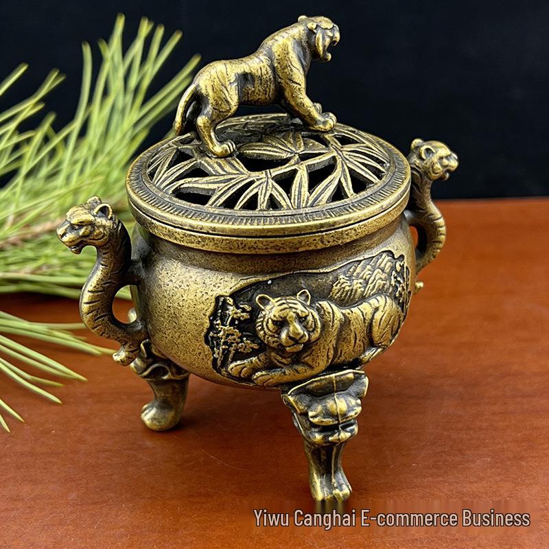 Alloy Retro Three-Legged Tiger Incense Burner with Auspicious Clouds Design