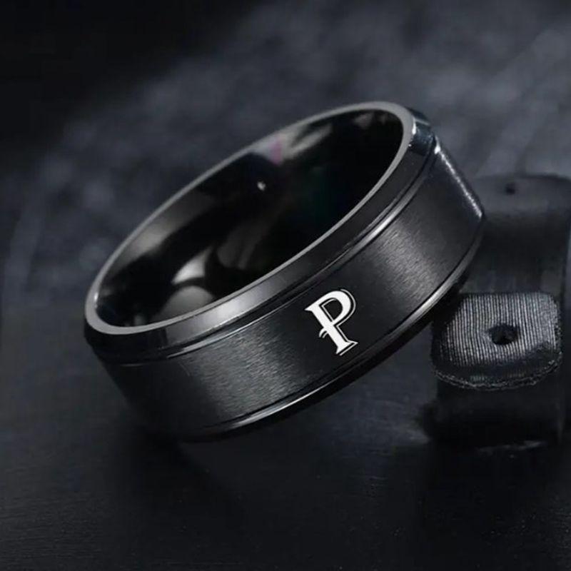1pc Fashion 26 English Letters Ring With Double Beveled Edges, Men's Stainless Steel Ring