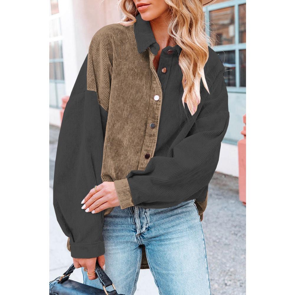 Women's Loose Casual Color Blocked Lapel Button Long Sleeved Shirt Top Long Sleeved Shirt