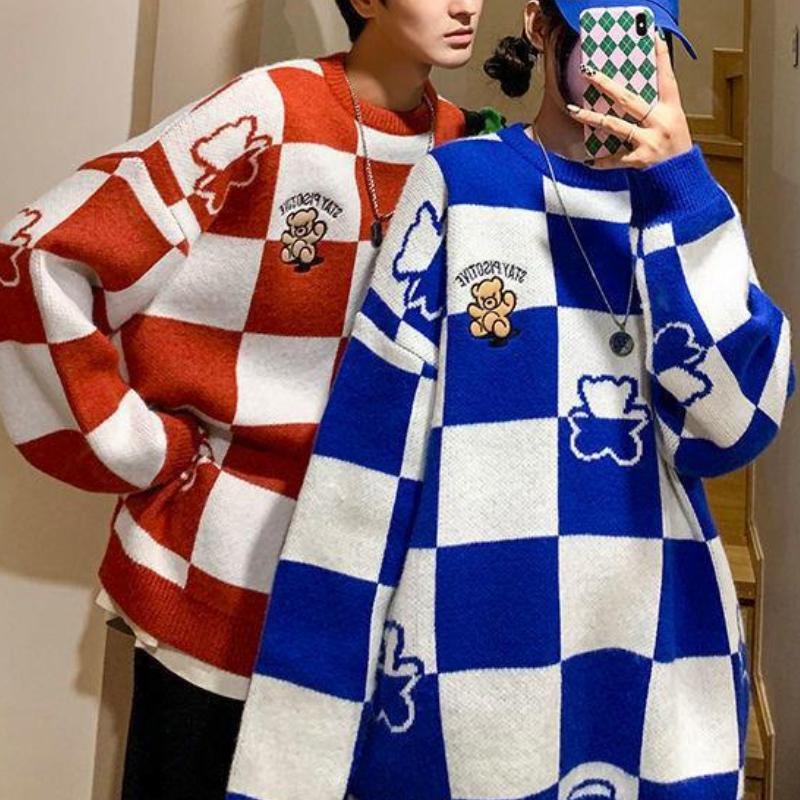 

Осень-зима хип-хоп печатные свободные мужские свитера модный свитер мужская одежда модные парные клетчатые пуловеры свитер