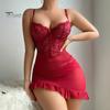 Nightwear with Adjustable Straps Women's Sexy Lace Sheer Bodycon Mini Dress See Through Nightdress Chemise Bobydoll Ruched Nightgown Set Thong
