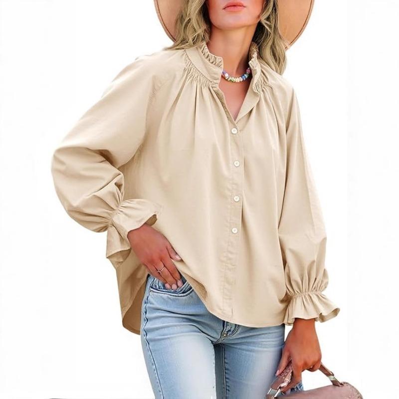 Spring and Autumn New Women's Elegant and Sweet Loose Casual Lantern Sleeve V-neck Ruffle Shirt