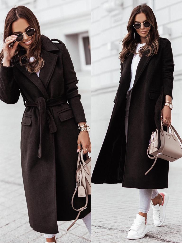 Women's Autumn/Winter V-Neck Tie-Up Woolen Coat with Long Sleeves