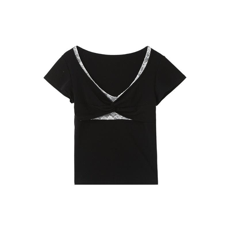 Summer Lace Twist V-neck Front Shoulder Short-sleeved T-shirt Women's Sexy Pure Desire Style Slim and Thin Foreign Versatile Top Tide