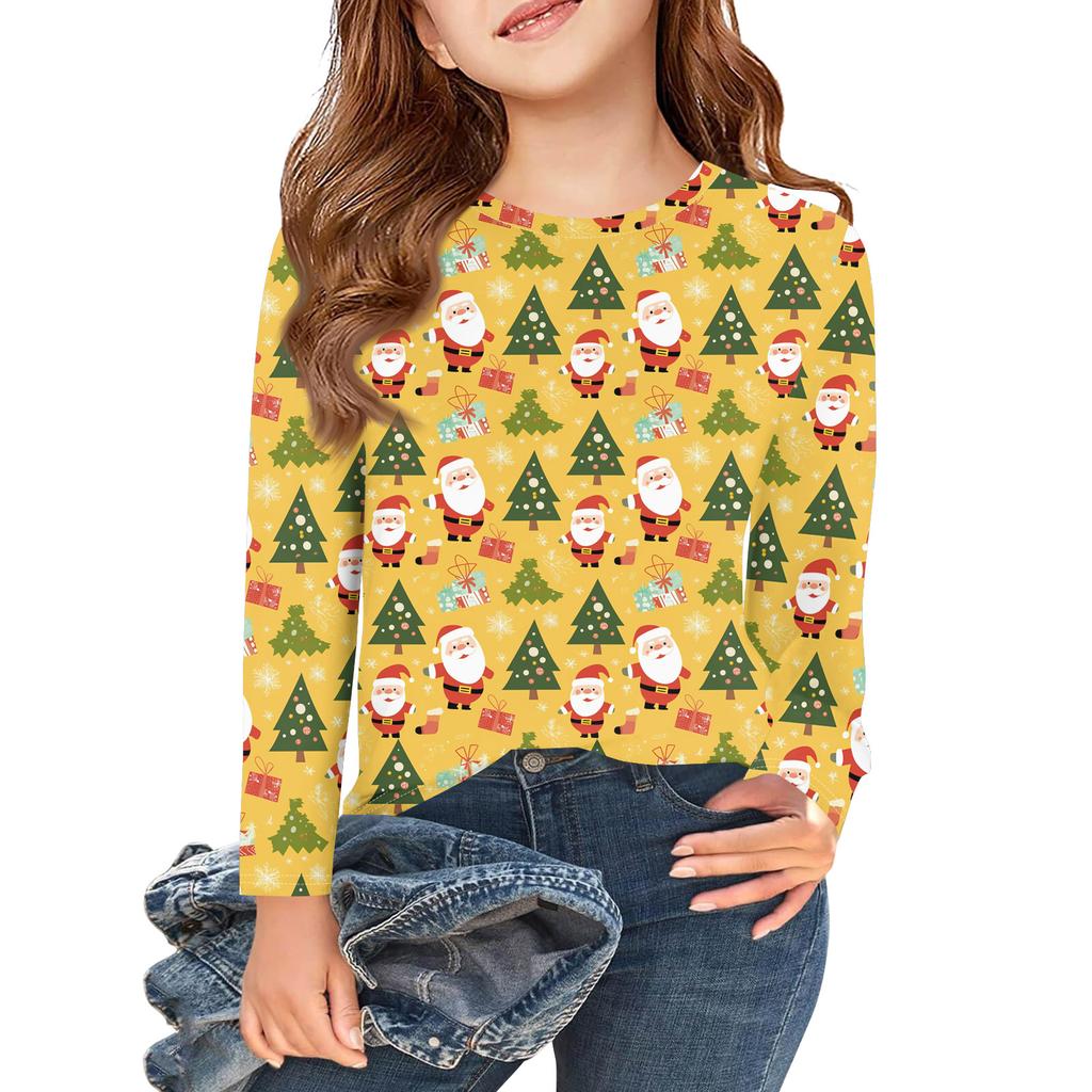 Christmas Day Girls Long Sleeve T Shirts Kids Fall Tops Crewneck Printed Basic Tees