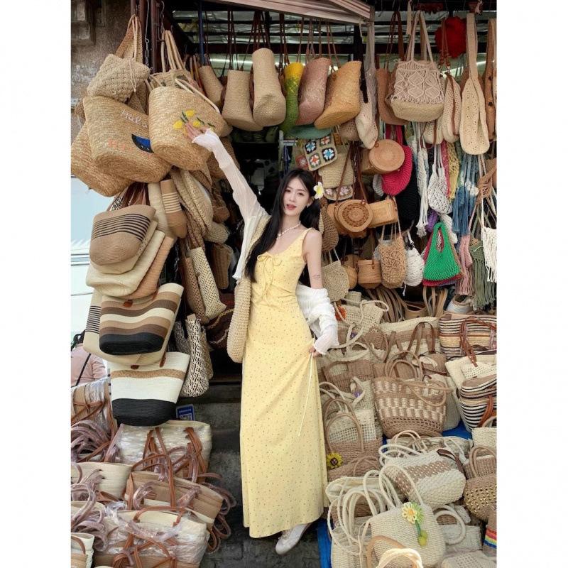 Yellow Floral Lace-Up Camisole Dress for Women - French Summer Style, Cinched Waist, A-Line, Slim-Fit Skirt